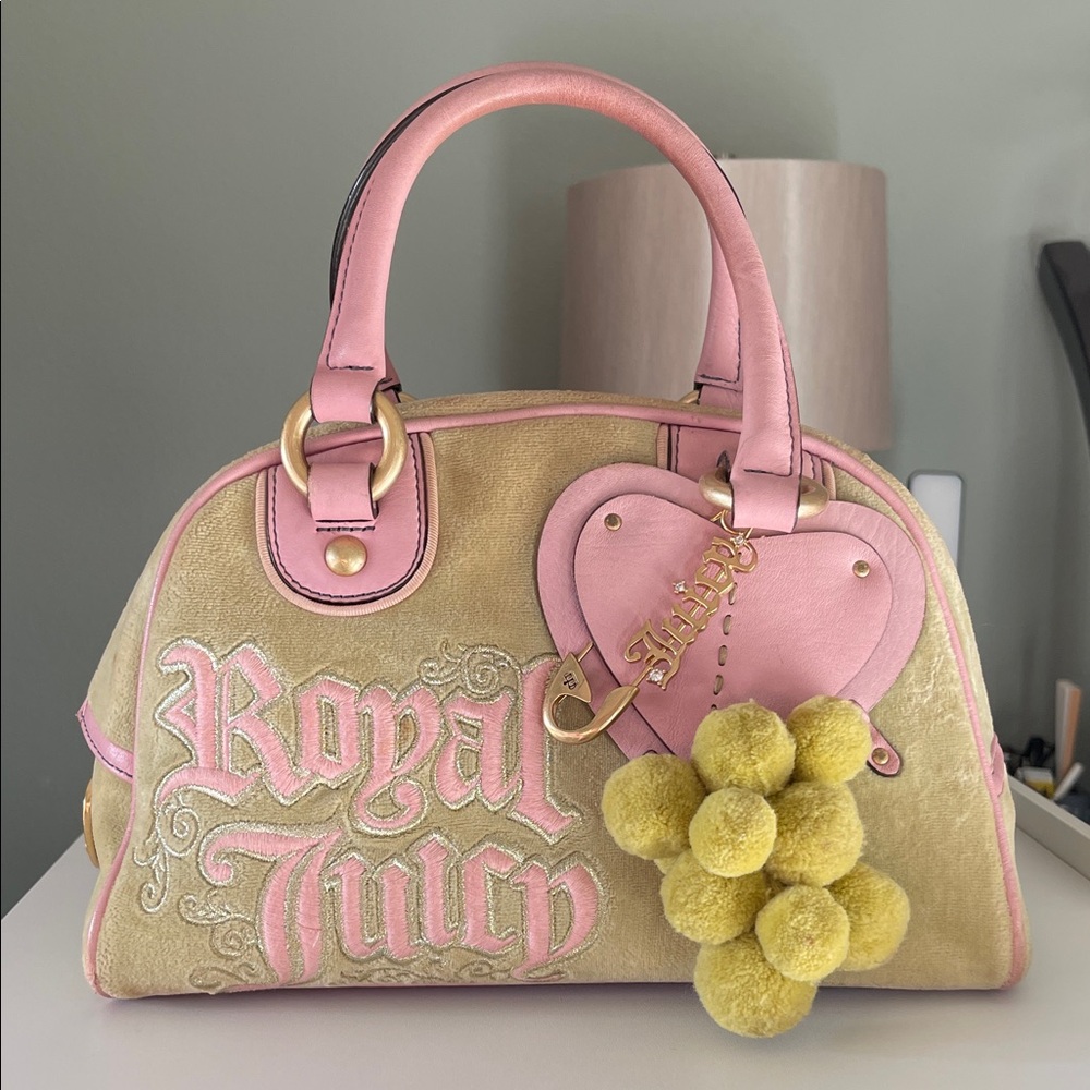 Vintage Juicy Couture Pink & Light Green Satchel with Light Green Pom Poms
